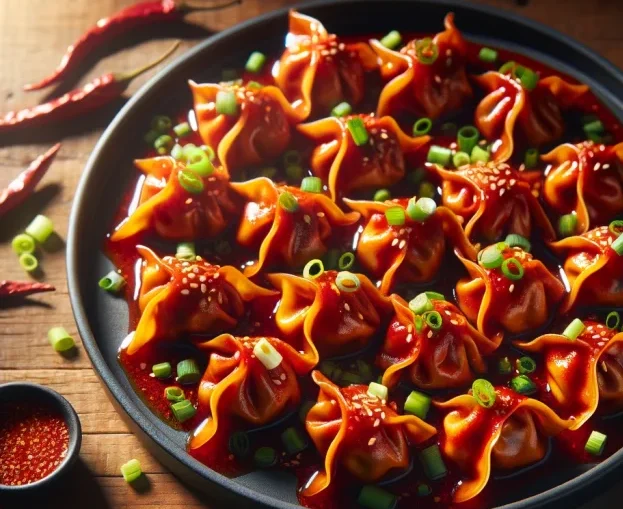 Platter of Sichuan wontons coated in a vibrant red chili sauce, sprinkled with sesame seeds and green onions, ready to entice spicy food lovers.