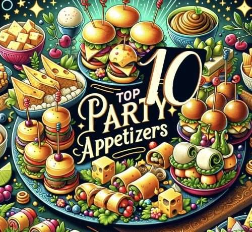 Colorful graphic of ‘Top 10 Party Appetizers,’ featuring a whimsical assortment of cheese, sliders, and olives, perfect for festive occasions