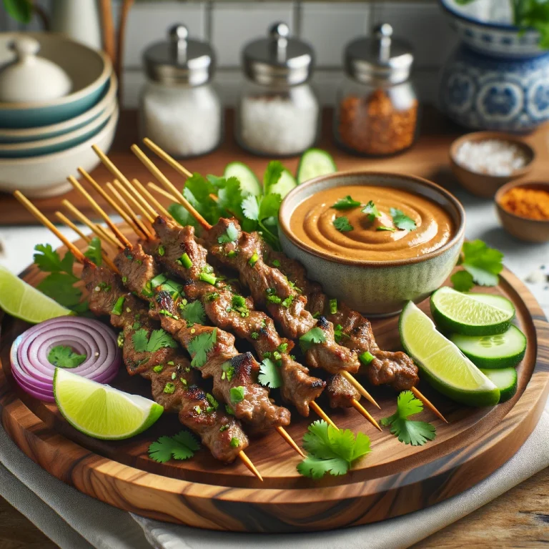 Succulent chicken satay skewers on a wooden plate with lime wedges and dipping sauce, garnished with cilantro for a touch of freshness.