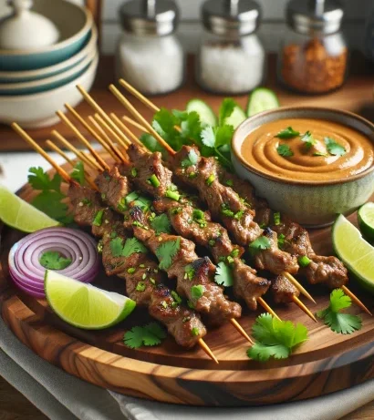 Succulent chicken satay skewers on a wooden plate with lime wedges and dipping sauce, garnished with cilantro for a touch of freshness.