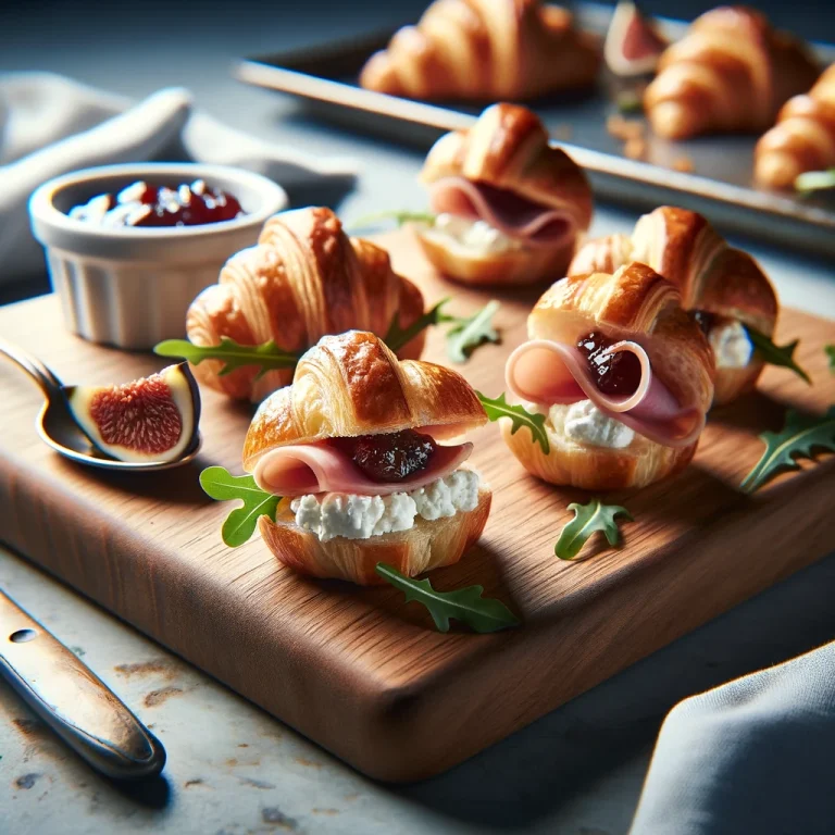 Delicate croissants filled with ham and goat cheese, garnished with figs and arugula, paired with a fig jam spread