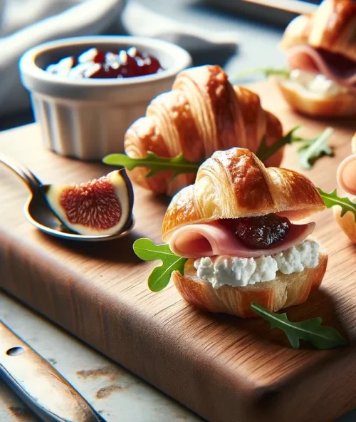 Delicate croissants filled with ham and goat cheese, garnished with figs and arugula, paired with a fig jam spread