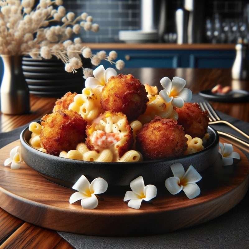 Golden fried mac and cheese balls over a bed of elbow macaroni, garnished with basil, served in a dark bowl