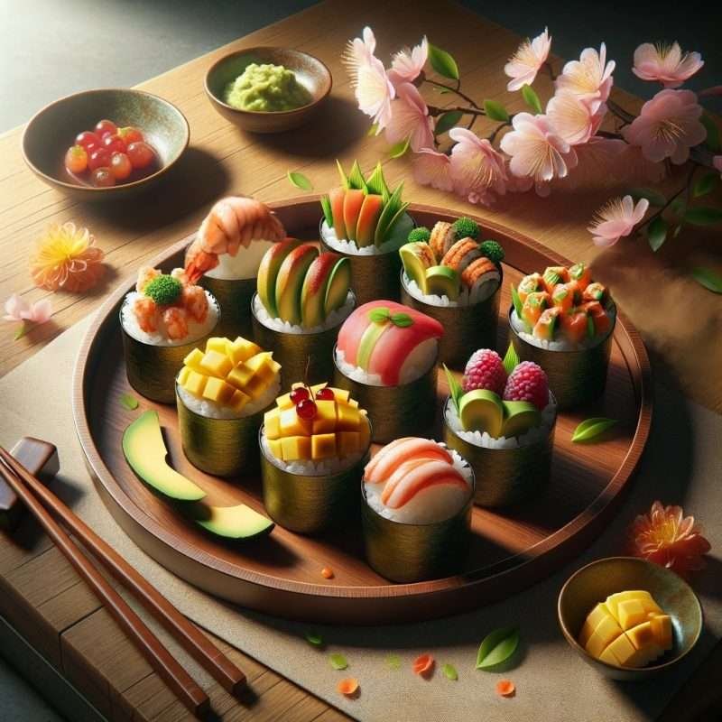 Assorted sushi-style rolls filled with fresh vegetables and fruits, displayed on a wooden board for an artistic and healthy meal