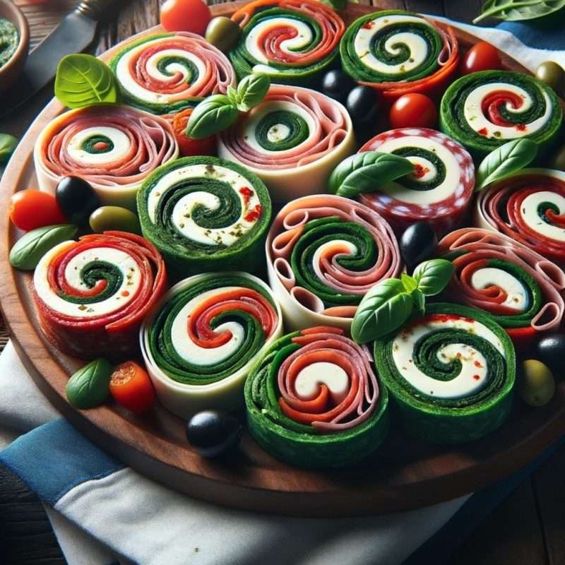 Fresh cucumber, cream cheese, and tomato pinwheels beautifully arranged on a plate, creating a colorful appetizer