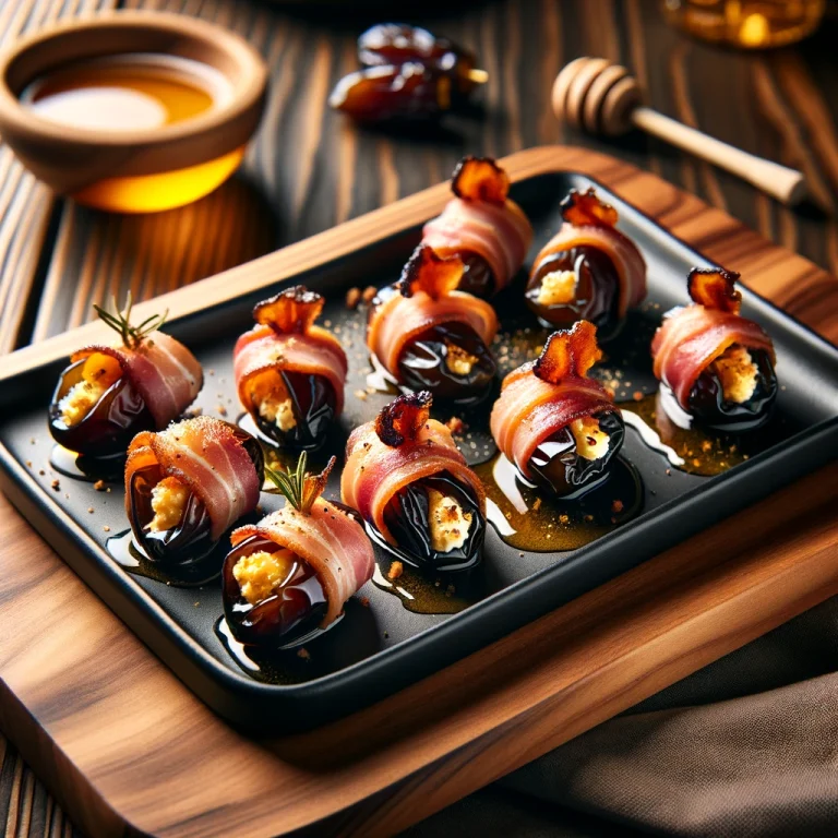 Dates stuffed with cream cheese and nuts, wrapped in bacon, and drizzled with honey, presented on a sleek black serving tray