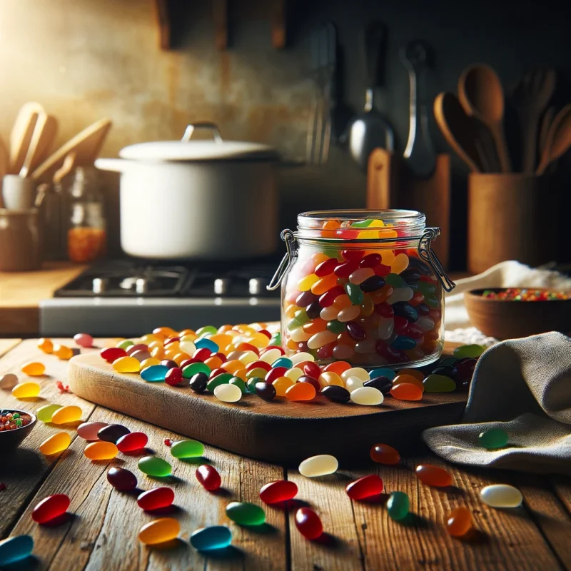 Colorful assortment of homemade jelly beans in a jar on a kitchen counter, surrounded by candy-making ingredients.