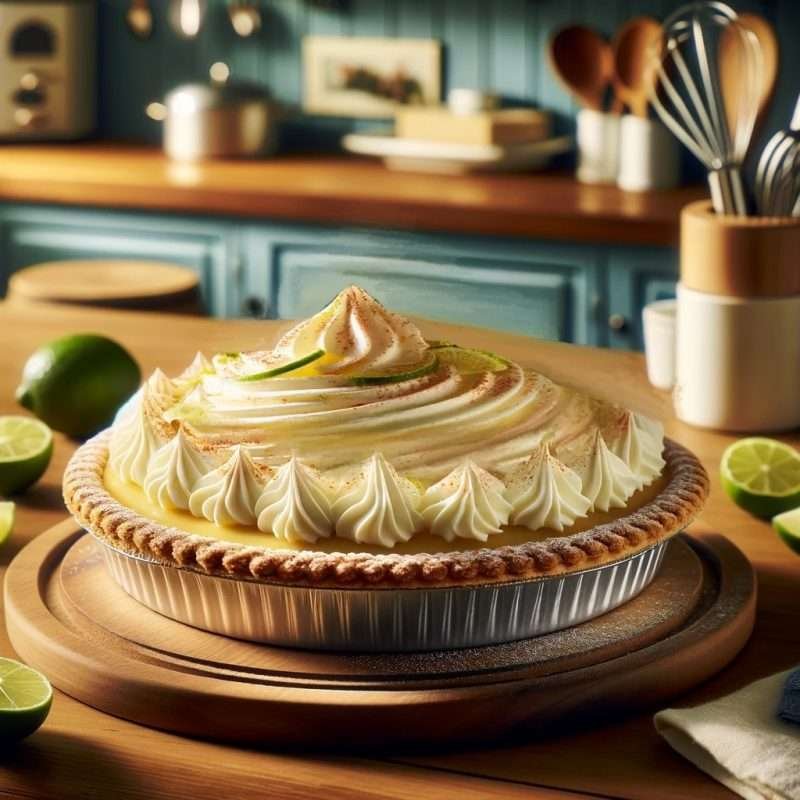 Key Lime Pie with a beautifully piped meringue topping, garnished with lime zest on a wooden stand