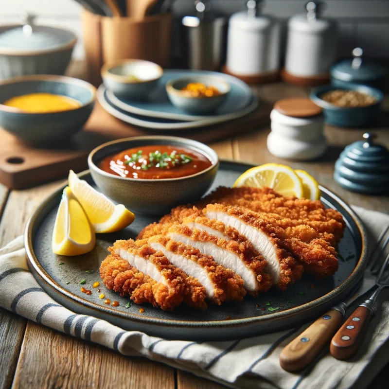 Golden-brown Wiener Schnitzel served with lemon wedges and traditional side dishes on a dark, rustic table setting