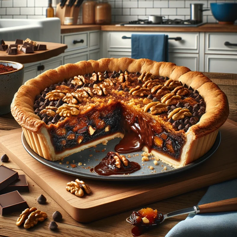 Derby pie with a luscious filling of chocolate and walnuts, with a slice being served, revealing a gooey interior