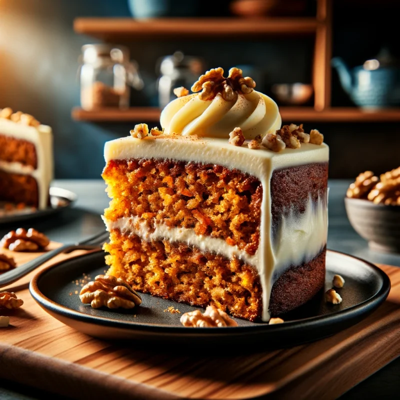 A slice of carrot cake with cream cheese frosting, topped with walnuts and a drizzle of caramel