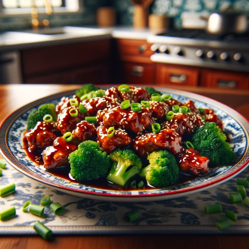 General Tso’s Chicken: Tender chunks of chicken coated in a sticky sauce with broccoli, sprinkled with sesame seeds