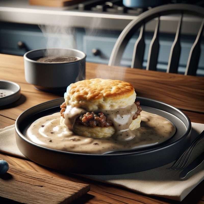A fluffy biscuit topped with savory sausage gravy, a classic Southern breakfast staple, served on a dark plate