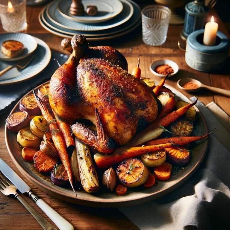 Succulent roasted chicken surrounded by a medley of roasted vegetables on a rustic wooden platter