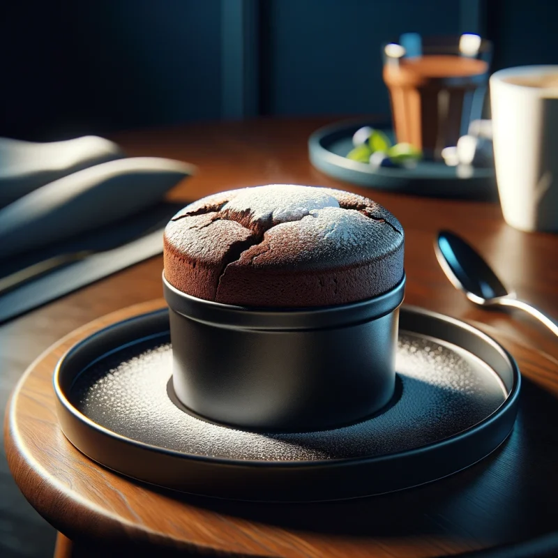 Freshly baked chocolate soufflé with a dusting of powdered sugar, presented on a black ramekin atop a wooden serving board