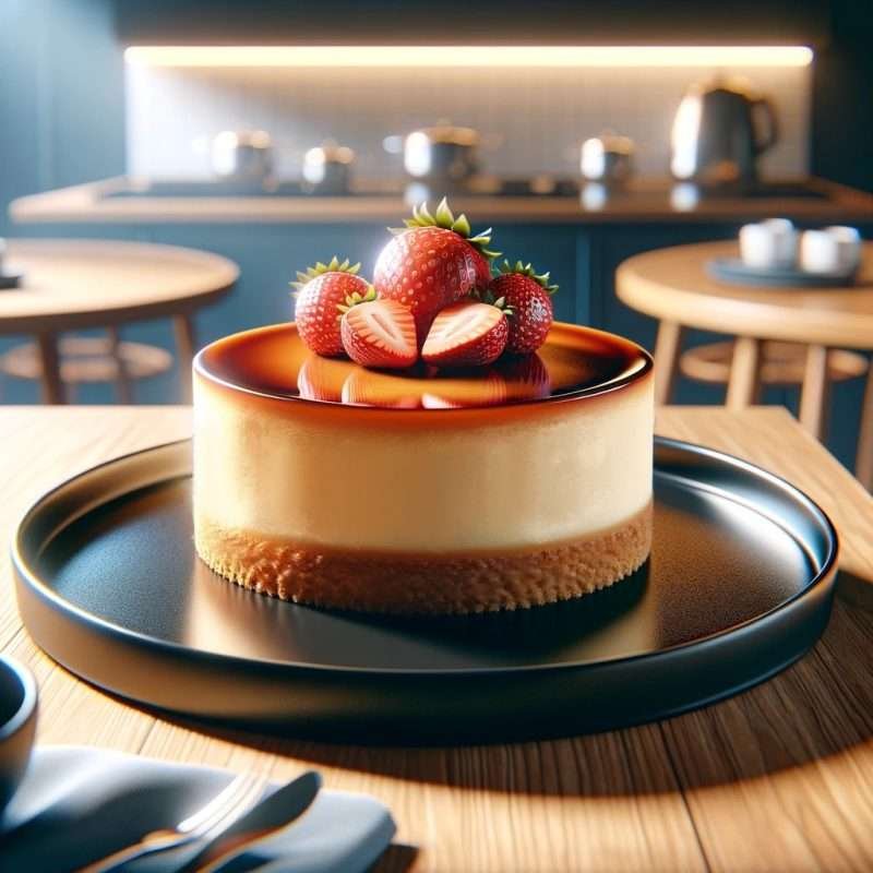 Velvety smooth cheesecake topped with fresh strawberries on a black plate, set against a modern kitchen backdrop with blue accents