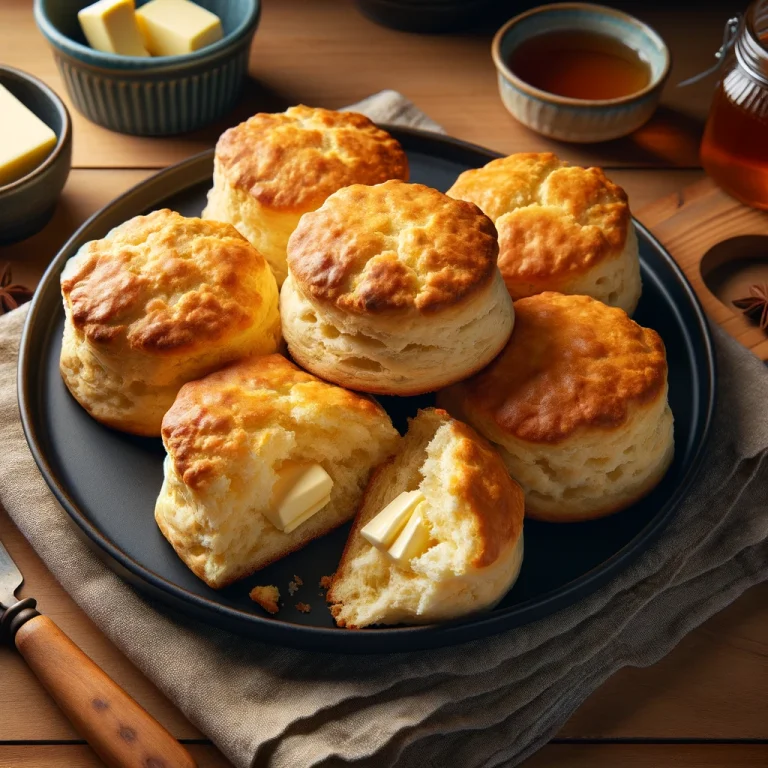 Golden buttermilk biscuits with butter, arranged on a black plate, ready to be enjoyed with honey