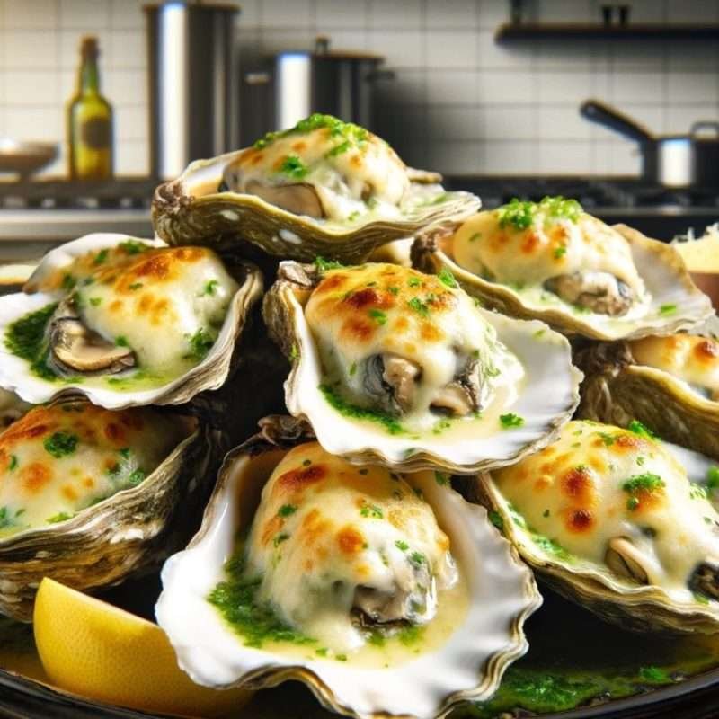 Oysters Rockefeller, an elegant dish where fresh oysters are topped with a delectable blend of buttery spinach, garlic and lemon sauce then added crisp breadcrumbs, mozzarella and bacon crumbs of buttery spinach, garlic and lemon sauce then added crisp breadcrumbs, mozzarella and bacon crumbs