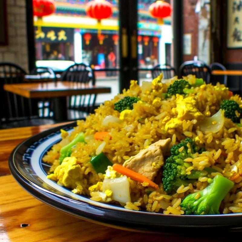 Hearty chicken fried rice garnished with broccoli and mixed vegetables on a blue plate, with a festive Chinese restaurant backdrop
