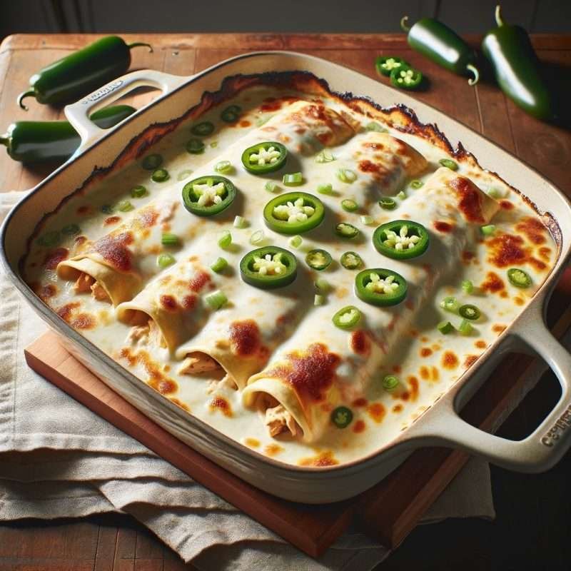 White Cheese Chicken Enchiladas topped with melted cheese and fresh jalapeños, served in a rustic baking dish