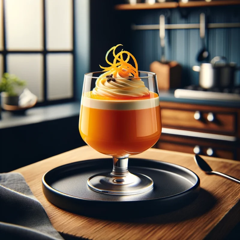 An elegant orange posset topped with a delicate swirl of cream and zesty orange peel, served in a sophisticated stem glass