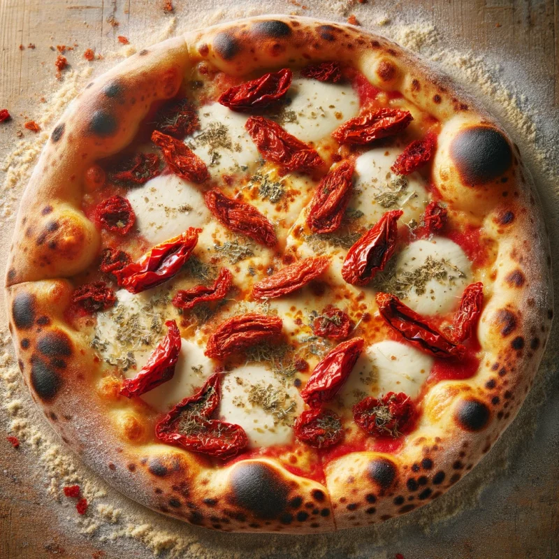 A freshly baked pizza topped with rich, sun-dried tomatoes, melted mozzarella, and aromatic basil, displayed on a stone oven background.