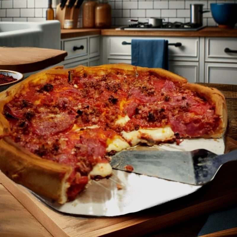Chicago deep dish style pizza with pepperoni and sausage with a cheese pull