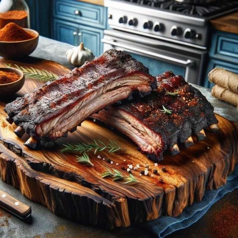 Juicy smoked baby back ribs with a spicy rub on a wooden carving board, ready for a flavorful feast.