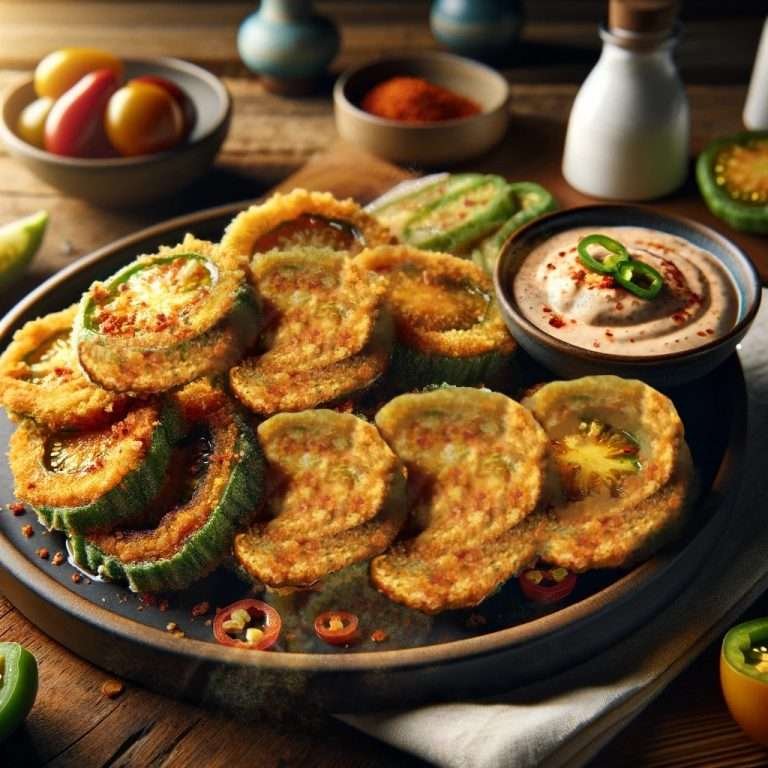 Crispy fried green tomatoes on a black plate with creamy dipping sauce, garnished with fresh herbs