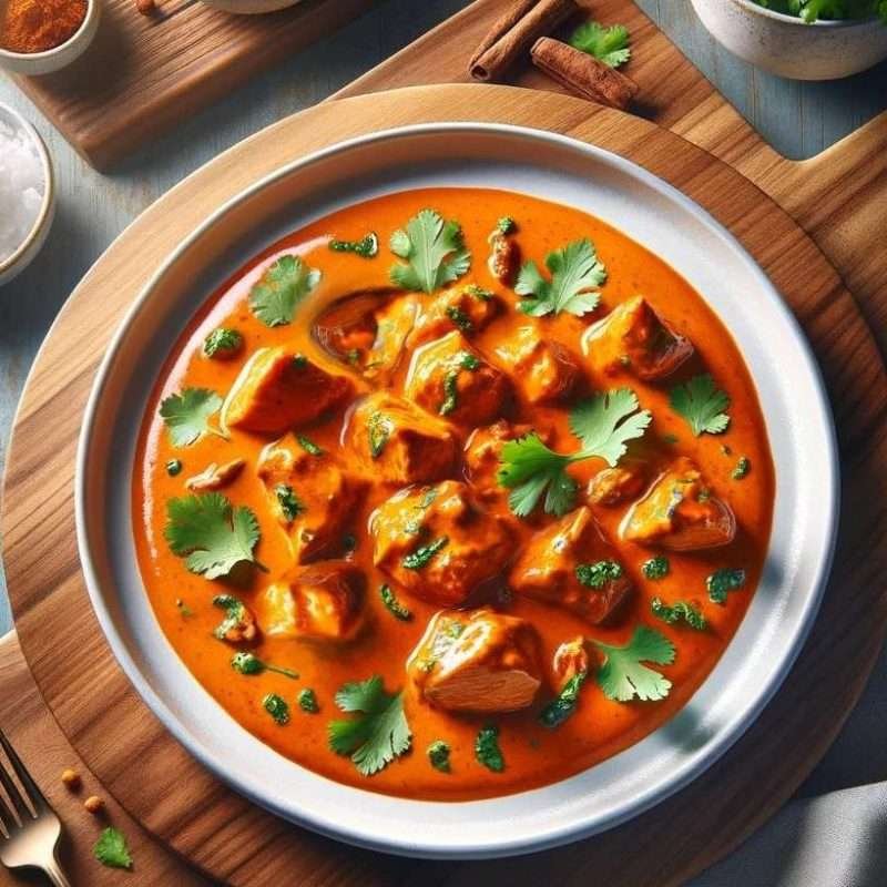 Rich and creamy butter chicken garnished with fresh cilantro, served in a terracotta bowl for an authentic Indian dining experience.
