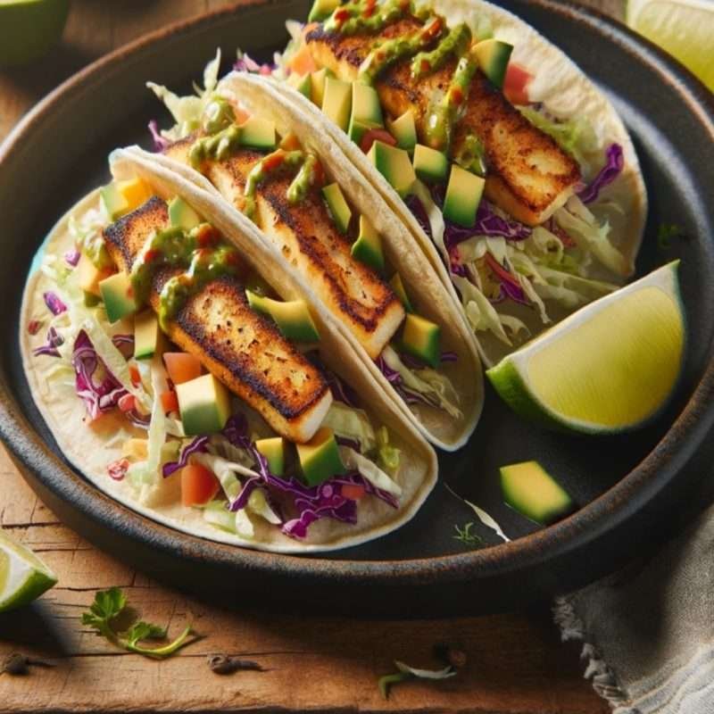 Colorful fish tacos with grilled white fish, fresh cabbage slaw, and creamy avocado, drizzled with zesty green salsa
