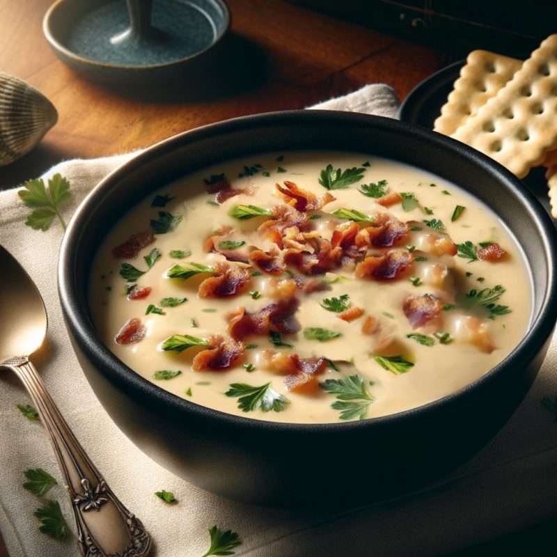 Rich and creamy New England clam chowder topped with crispy bacon bits and fresh parsley, served with saltine crackers