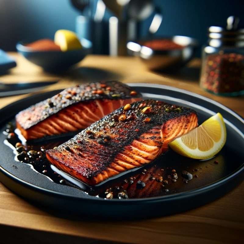 Grilled salmon fillets with a smoky crust, garnished with peppercorns and lemon slices, presented on a modern plate for a healthy and flavorful meal