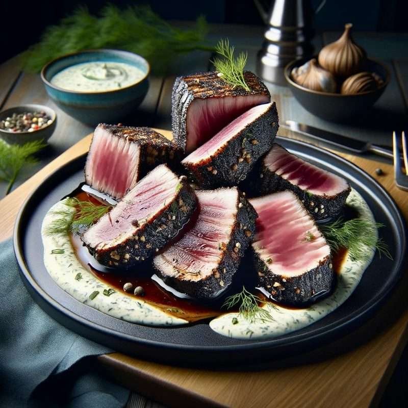 Seared blackened tuna slices, encrusted with peppery spices, artfully plated with dill garnish and a side of creamy dill sauce