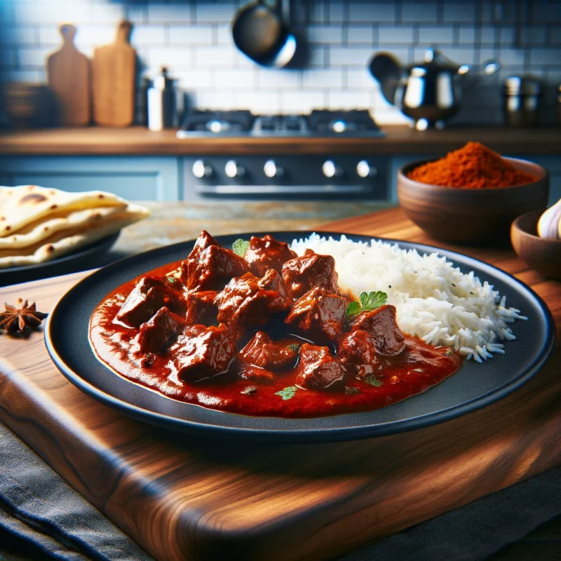 Tender chunks of lamb Vindaloo resting on a bed of steamed rice, with the vibrant red sauce offering a bold, spicy flavor
