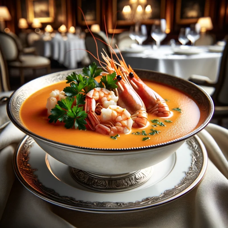 Savory Shrimp and crab bisque garnished with fresh herbs in a white bowl