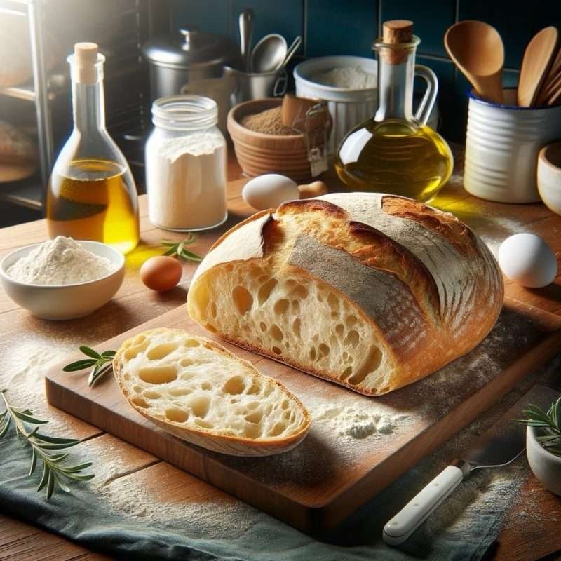 Freshly baked ciabatta bread on a wooden board, surrounded by ingredients and cooking utensils, capturing the essence of homemade baking