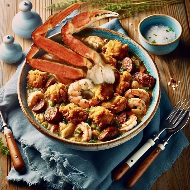 Savory gumbo brimming with spicy sausage, tender chicken, and juicy shrimp, served in a rustic blue bowl on a bamboo mat – a hearty homage to Southern cuisine.