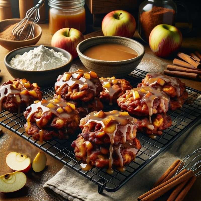 Freshly baked apple fritters with glaze on a wire rack, ingredients in the background.