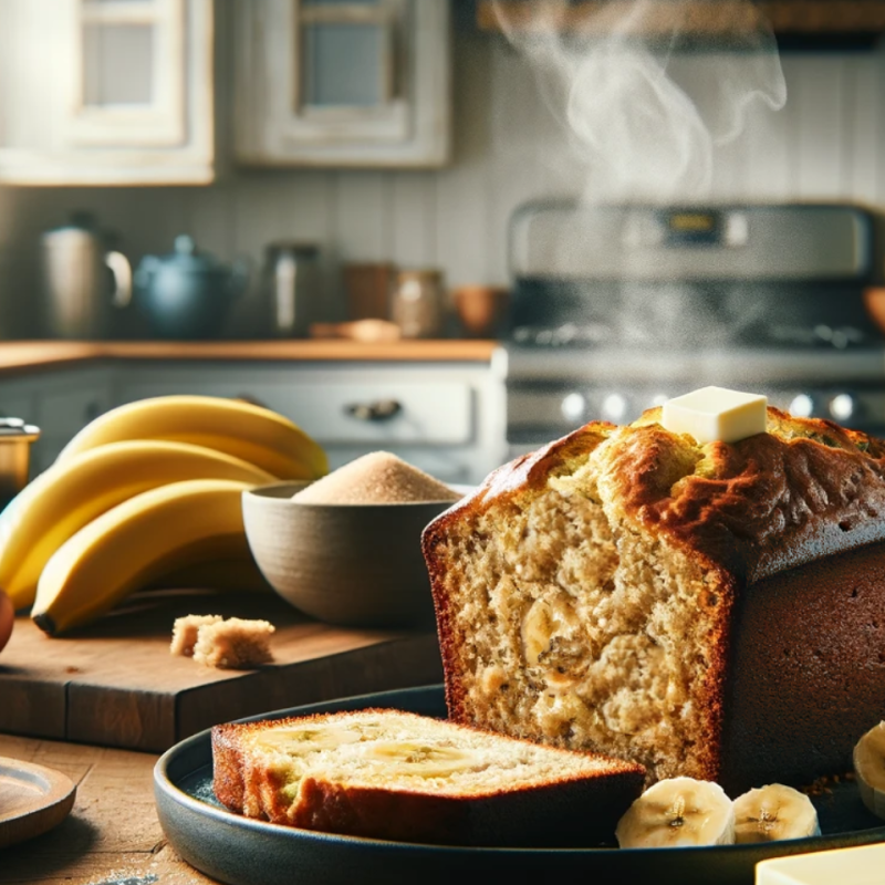 Freshly baked banana nut bread with a pat of melting butter on top, on a kitchen counter with warm morning light