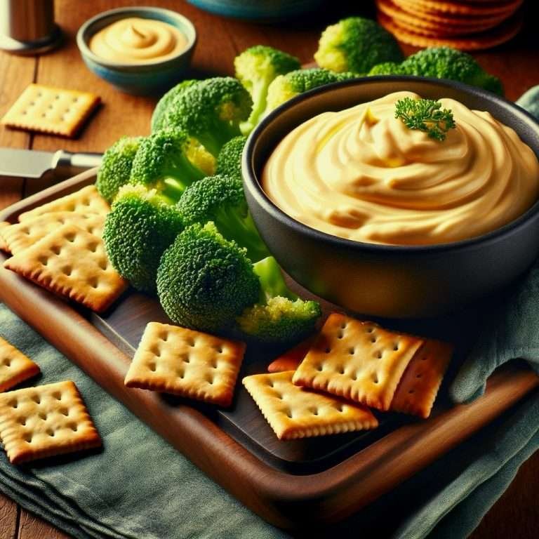A bowl of creamy cheese dip surrounded by fresh broccoli and crisp crackers on a wooden serving board