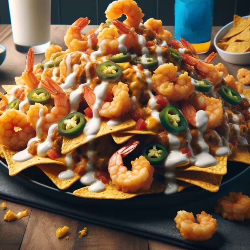 Loaded shrimp nachos with melted cheese, jalapeños, and a drizzle of creamy sauce atop a bed of crispy tortilla chips