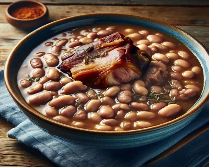 A bowl of pinto beans simmered with a savory ham hock, exuding rustic charm and home-cooked goodness