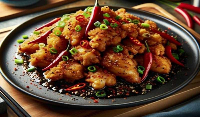 Homemade pepper-fried chicken from Kirgums, topped with green onions on a rustic plate, embodying home-cooked comfort