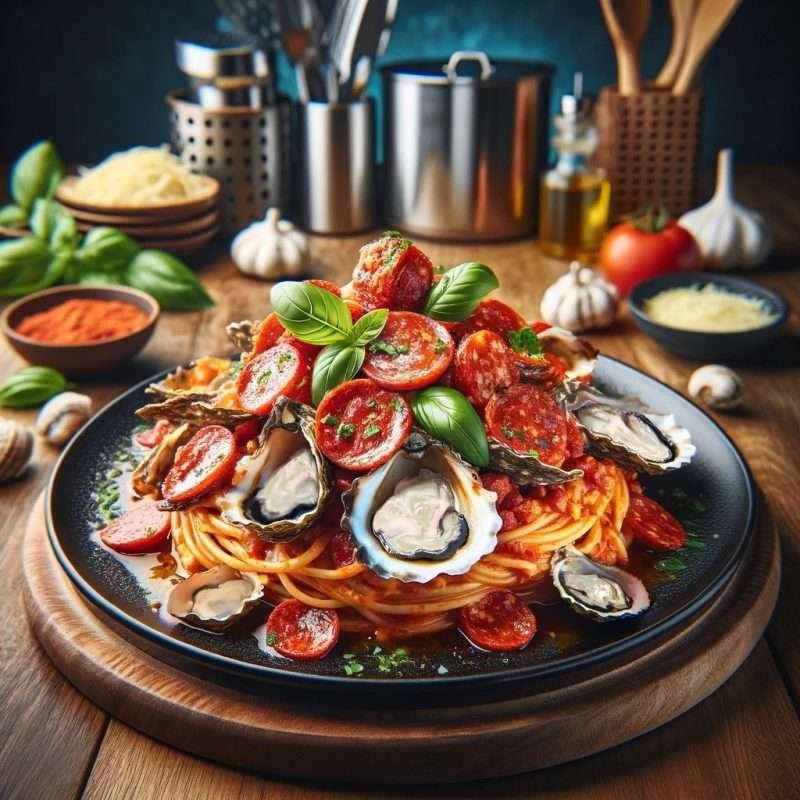 Luscious spaghetti carbonara generously topped with fresh herbs, sliced tomatoes, and succulent oysters, presented on a rustic kitchen backdrop.