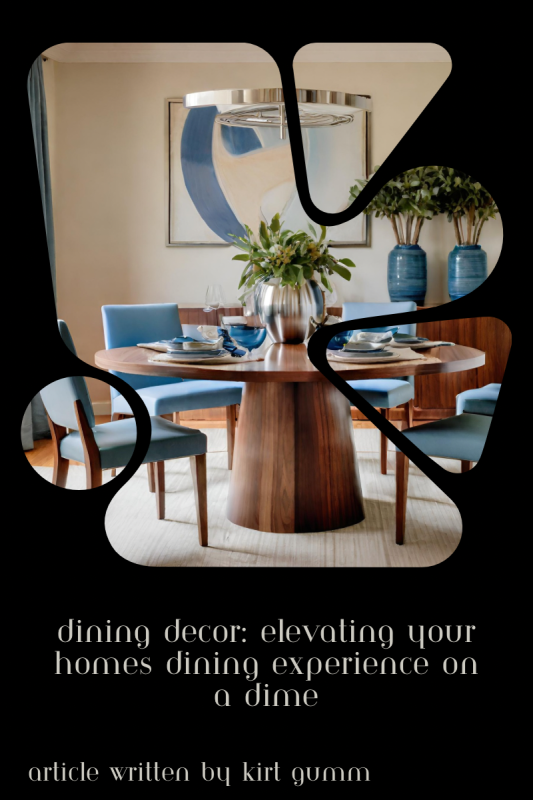 A stylish dining room setup featuring a modern wooden table, elegant blue chairs, and tasteful wall art, reflecting an affordable yet chic home dining experience