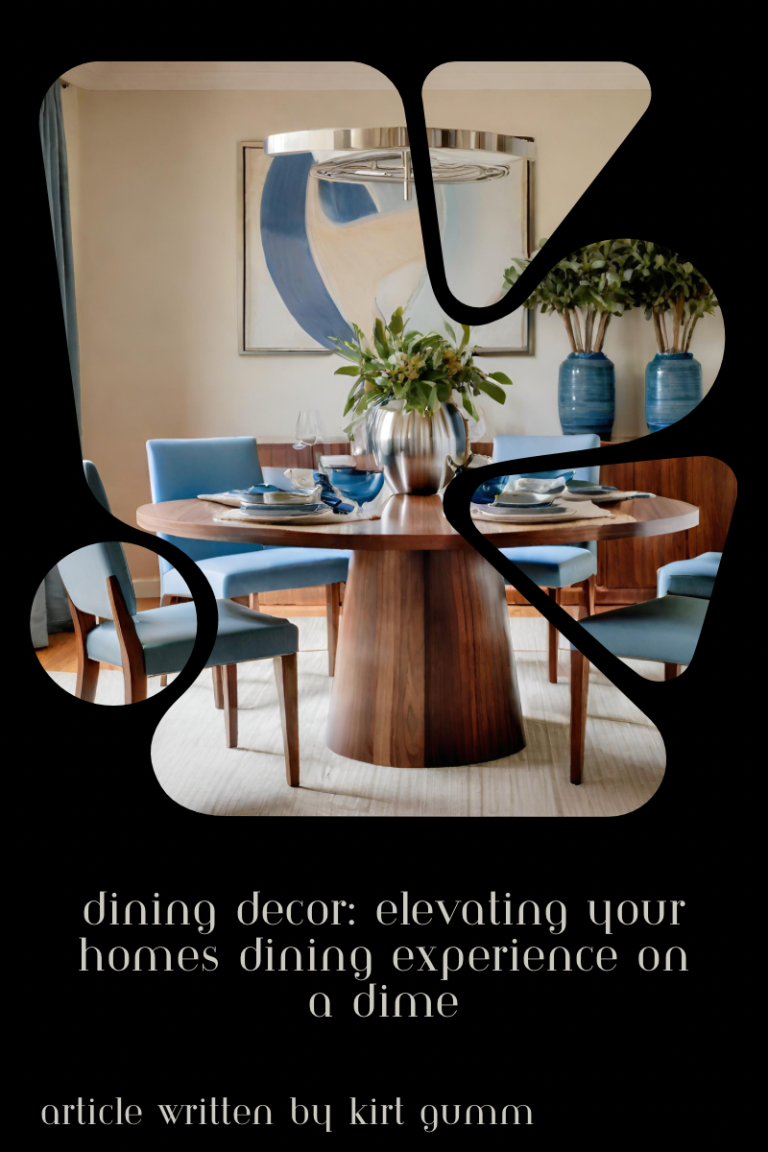 A stylish dining room setup featuring a modern wooden table, elegant blue chairs, and tasteful wall art, reflecting an affordable yet chic home dining experience