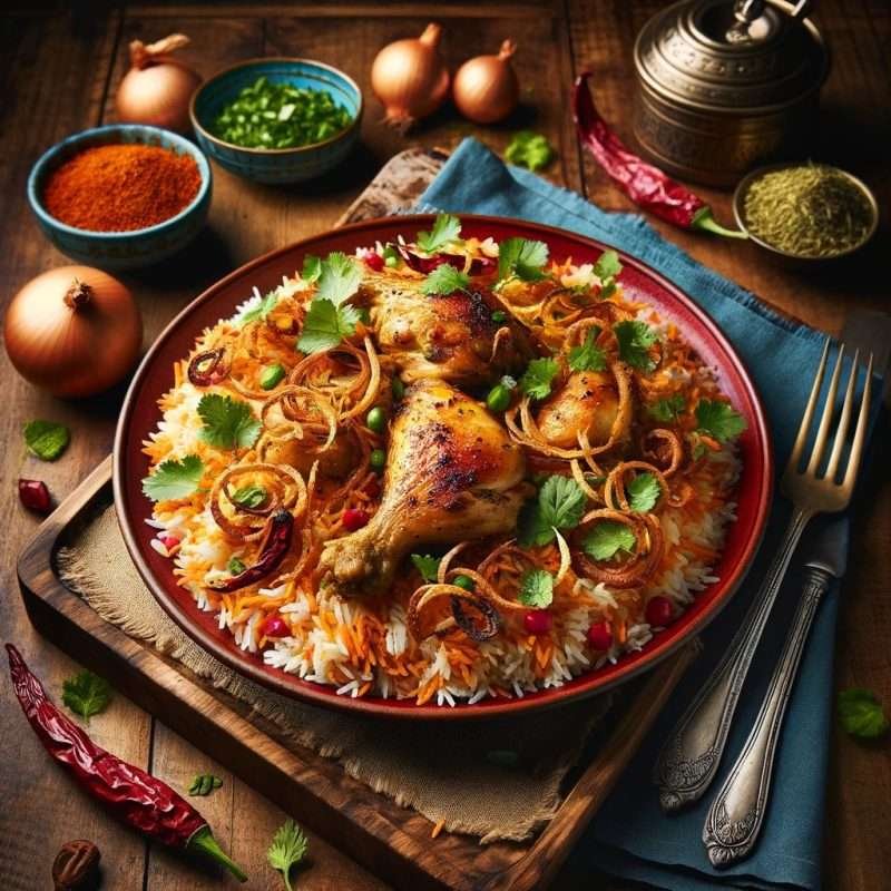 Aromatic Chicken Biryani with saffron-infused rice, spices, and herbs, served in a traditional clay pot on a rustic wooden table