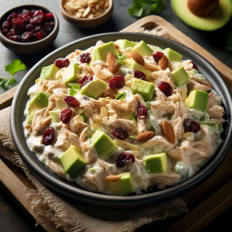 Creamy chicken salad with diced green apples, dried cranberries, and almonds served on a rustic plate