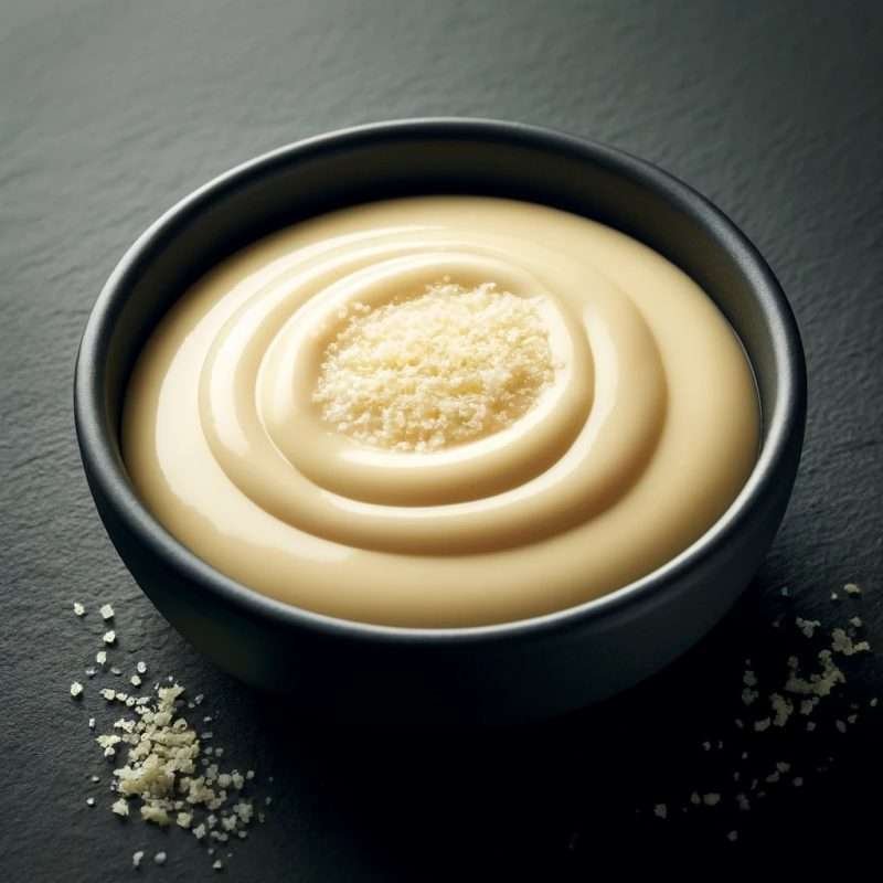 Creamy garlic parmesan cheese sauce in a black bowl, sprinkled with grated parmesan on top